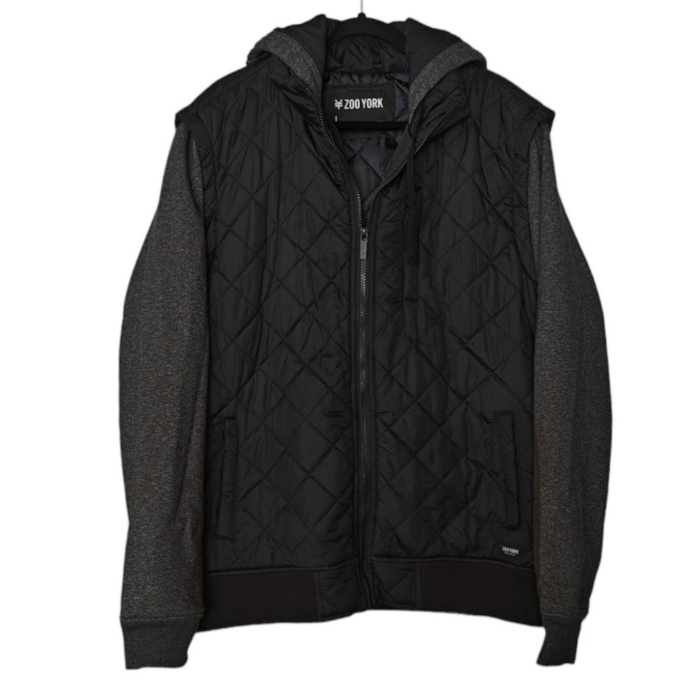 Zoo York Men's Large Puffer Jacket Hooded Full Zip Up Black and Grey Ribbed